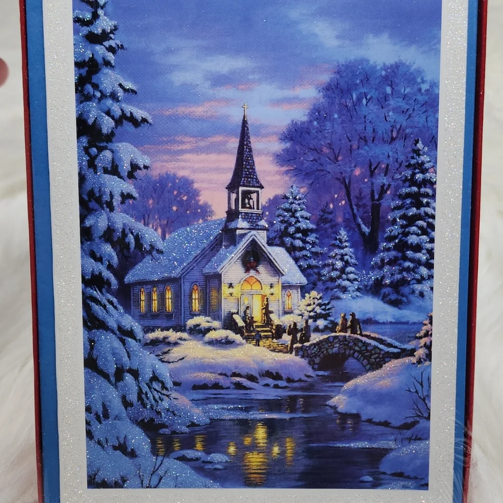 American Greetings Glittery Christmas Holiday Greeting Cards Church with Snow